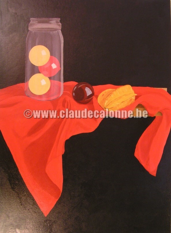 caramboles, boules de billard carambole, fruit carambole, drap rouge, bocal transparent,