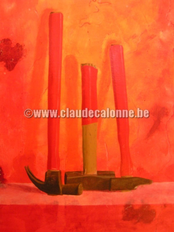 trompe l'oeil de chevalet, la force de frappe, marteaux rouges, imitation faux marbre,