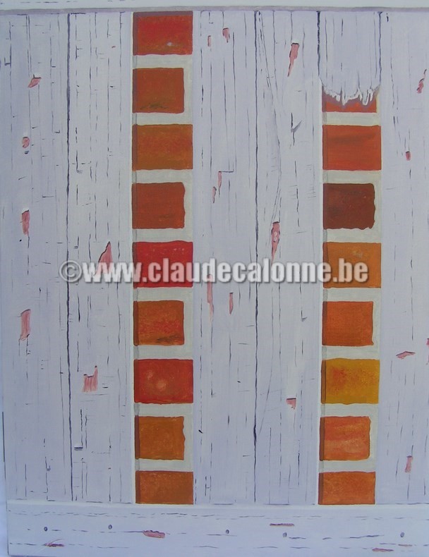 evasion, diptyque, imitation bois, peinture écaillée, briques, lierre , claude calonne