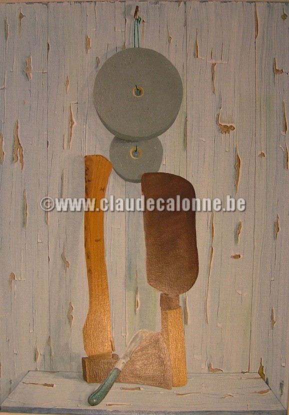 trompe l'oeil de chevalet, la salle d'attente, meules, hâche, couteau, imitation peinture écaillée,