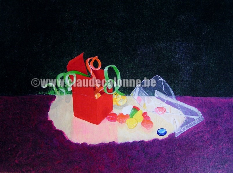 le bouton bleu, boîte rouge, serpentins, bouton bleu, pâte de fruit, sachet transparent, claude calonne,