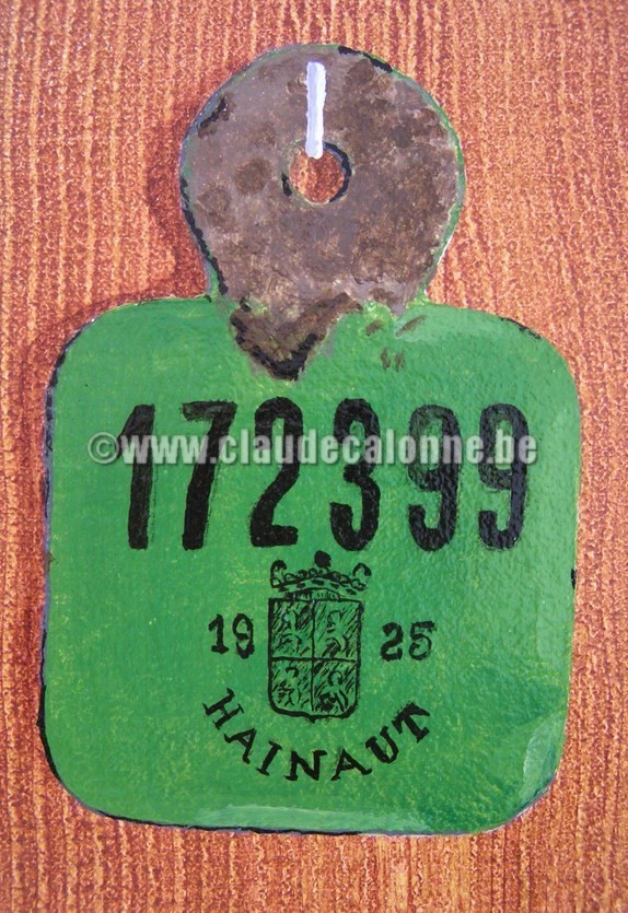 immatriculation vélo Belgique , plaque émaillée de 1925, acier émaillé, Hainaut, Belgique,