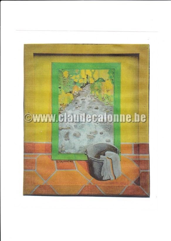 prévoyance, serpière, seau, cours d'eau, tommettes, huile sur toile marouflée sur bois,
