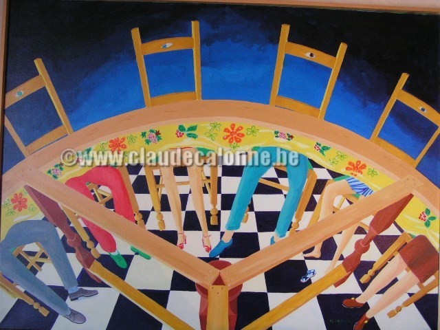dessous de table, carrelage, attouchement, soulier bleu, soulier rouge, connivence,