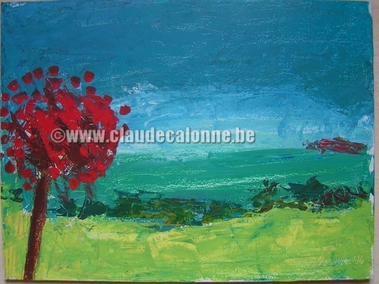 l'arbre rouge, arbre, rouge, paysage, huile au couteau sur toile marouflée sur bois, huile à la truelle à peindre sur toile marouflée sur bois,