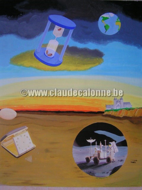 poussière d'éternité, sablier, le temps qui passe, reveil de voyage, oeuf, cathédrale de Tournai, LEM, la lune, 21 juillet 1969, Armstrong, huile sur bois