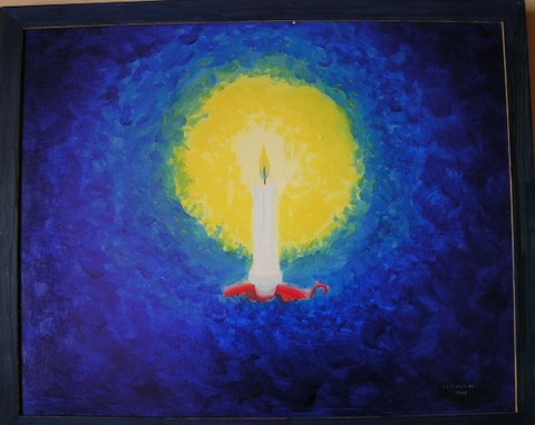 bougeoir, bougie, bleu nuit, huile sur bois,