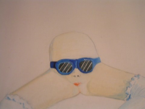 l'élégante, lunette de soleil, cuisses écartées, bas coton, sexe bouche,